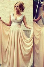 Load image into Gallery viewer, Champagne Nude Chiffon Long Off the Shoulder V-Neck Sequin Beads Bodice Prom Dresses RS07