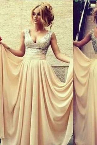 Champagne Nude Chiffon Long Off the Shoulder V-Neck Sequin Beads Bodice Prom Dresses RS07