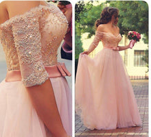 Load image into Gallery viewer, Off Shoulder Half Sleeves Pink Long Party Sweetheart Sash Bow Beads Pearls Prom Dresses RS720