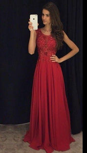 A Line Red Appliques Chiffon Long Beads Sweetheart Sleeveless Floor-Length Prom Dresses RS180