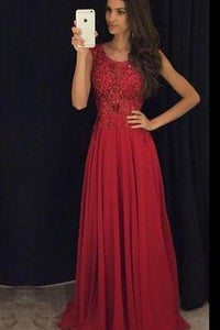 A Line Red Appliques Chiffon Long Beads Sweetheart Sleeveless Floor-Length Prom Dresses RS180