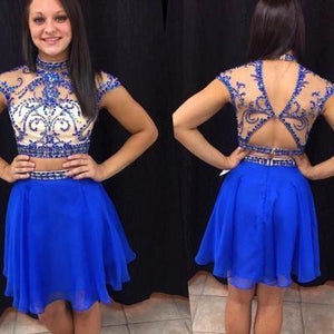Royal Blue Short Prom Dresses Chiffon Fitted Party Dress Silver Beading Sparkly Cocktail Dress RS911
