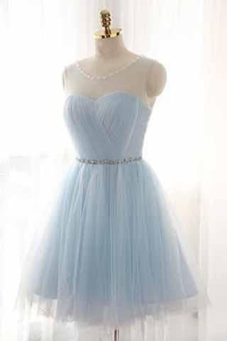 Light Sky Blue Short Prom Dress Sleeveless Open Back Scoop Homecoming Dresses RS909