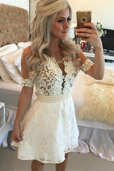 White Lace Beading A-Line Short Lace Formal Dress For Teens V-Neck Homecoming Dress RS531