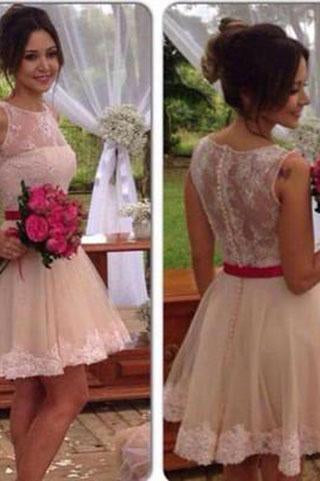 Lace Tulle Cute Fashion Scoop A-Line Sleeveless Homecoming Dress Short Prom Dress RS879