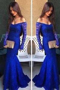 Royal Blue Lace Long Sleeves Sexy Prom Dresses for Teens RS389