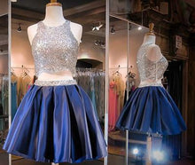 Load image into Gallery viewer, Navy Blue Two Piece Beading Short Prom Gown Sweet 16 Dress Bling Homecoming Dress RS877