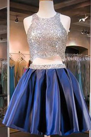 Navy Blue Two Piece Beading Short Prom Gown Sweet 16 Dress Bling Homecoming Dress RS877