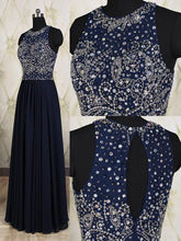 Load image into Gallery viewer, Navy Blue Elegant Long Beaded Chiffon Pageant Formal Gowns