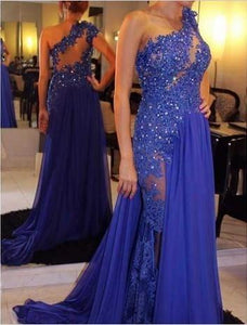 One Shoulder A-Line Long Cheap Prom Dresses Royal Blue Evening Dress Prom Gowns RS129