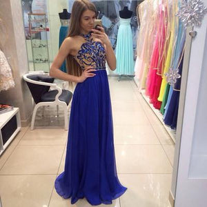 Pretty Royal Blue High Neck A-Line Sleeveless Floor-Length Modest Chiffon Prom Dresses RS833