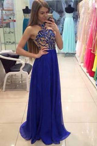 Pretty Royal Blue High Neck A-Line Sleeveless Floor-Length Modest Chiffon Prom Dresses RS833