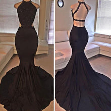 Load image into Gallery viewer, Black Mermaid Lace Halter Mermaid Backless Sleeveless Party Dress Lace Prom Gown For Teens RS70
