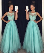 Load image into Gallery viewer, Light Blue Crystal Long A-Line Prom Dress Halter Prom Dress Open Back Prom Dress RS121