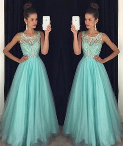 Light Blue Crystal Long A-Line Prom Dress Halter Prom Dress Open Back Prom Dress RS121