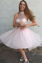 Load image into Gallery viewer, Two Pieces Pretty Sexy Charming Beading Halter Tulle Blush Pink Homecoming Dresses H97