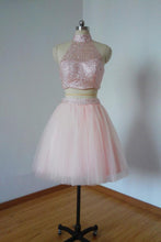 Load image into Gallery viewer, Two Pieces Pretty Sexy Charming Beading Halter Tulle Blush Pink Homecoming Dresses H97