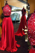 Load image into Gallery viewer, Burgundy Two Piece Beading Halter Open Back Carpet Long With Slit Prom Dresses RS152