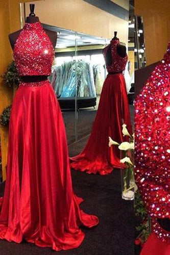 Burgundy Two Piece Beading Halter Open Back Carpet Long With Slit Prom Dresses RS152