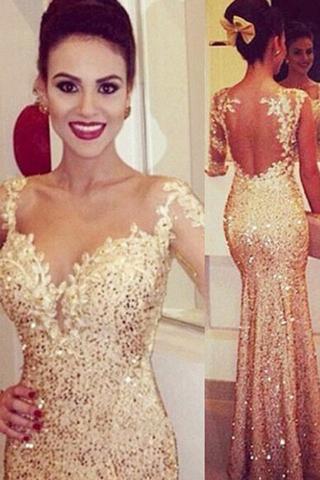 Mermaid Sweetheart Long Sleeves Gold Backless Evening Dresses with Appliques RS42