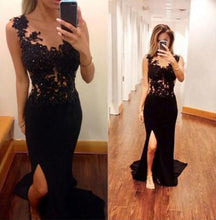 Load image into Gallery viewer, Pretty Mermaid Black Lace Beading Sweetheart With Slit Modest Cheap Prom Dresses RS144