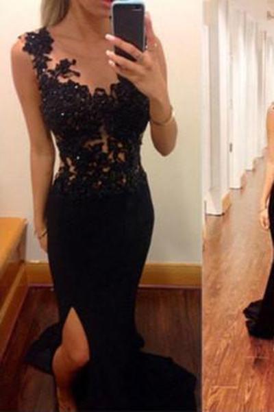 Pretty Mermaid Black Lace Beading Sweetheart With Slit Modest Cheap Prom Dresses RS144