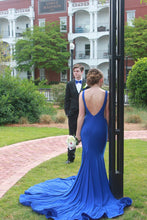 Load image into Gallery viewer, Simple Bateau Neck Sleeveless Sweep Train Royal Blue / Red Prom Dress Backless
