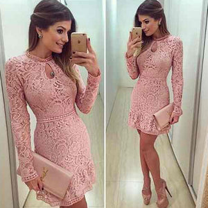 Lace dress pink Sexy lace Elegant short O neck Prom Dresses Long sleeve Party dresses RS725