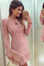 Load image into Gallery viewer, Lace dress pink Sexy lace Elegant short O neck Prom Dresses Long sleeve Party dresses RS725