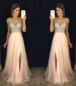 Modest sparkly crystal beaded v-neck open back long chiffon pageant slit Prom Dresses RS846