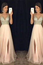 Load image into Gallery viewer, Modest sparkly crystal beaded v-neck open back long chiffon pageant slit Prom Dresses RS846