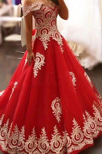 Red organza lace applique off-shoulder short sleeves A-line long prom dresses princess dresses
