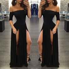 Load image into Gallery viewer, Sexy Black Long Off-the-Shoulder A-Line Half Sleeve Scoop Sexy Slit Prom Dresses RS790