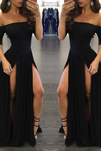 Load image into Gallery viewer, Sexy Black Long Off-the-Shoulder A-Line Half Sleeve Scoop Sexy Slit Prom Dresses RS790