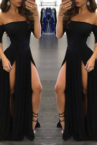Sexy Black Long Off-the-Shoulder A-Line Half Sleeve Scoop Sexy Slit Prom Dresses RS790