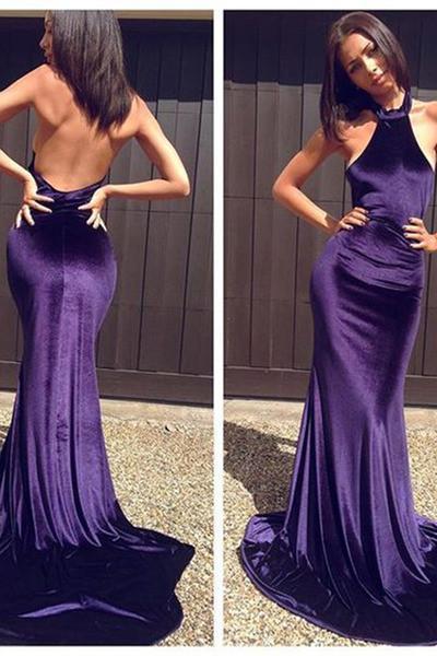 Luxury purple satins halter simple slim mermaid long evening dresses backless dresses