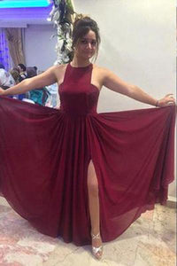 Pretty Burgundy Halter Sleeveless Long Chiffon Prom Dresses Open Back Prom Dresses RS135