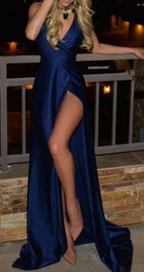 Royal Blue Long Cheap Slit Satin Deep V-Neck Sleeveless Floor-Length Prom Dresses RS830