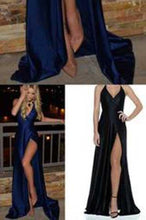 Load image into Gallery viewer, Royal Blue Long Cheap Slit Satin Deep V-Neck Sleeveless Floor-Length Prom Dresses RS830