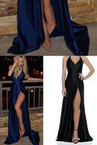 Royal Blue Long Cheap Slit Satin Deep V-Neck Sleeveless Floor-Length Prom Dresses RS830