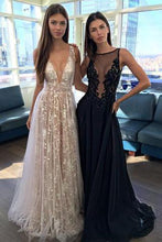 Load image into Gallery viewer, A Line V Neck Appliques Long Prom Dress V-neck Sexy Evening Party Dresses RS605