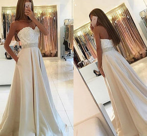 New Arrival Appliques Sleeveless Strapless Sweetheart Pockets A-Line Long Evening Dresses F911