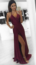 Load image into Gallery viewer, New Fashion Modest Sexy A-Line Burgundy Slit Halter Backless V-Neck Prom Dresses RS761