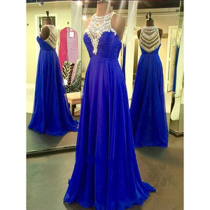 Royal Blue Sparkle Beads Halter Pretty Illusion High Neck Chiffon Prom Dresses RS405