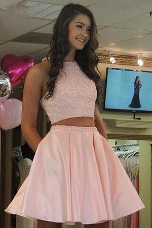 Two Pieces Beaded Fashion Sexy Short Satin Cute New Style Homecoming Dress RS441