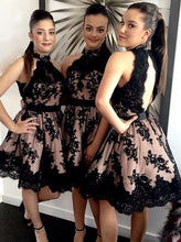 Load image into Gallery viewer, Halter Pearl Pink Open Back Bridesmaid Dress with Black Lace RS417