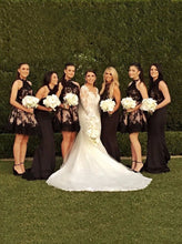 Load image into Gallery viewer, Halter Pearl Pink Open Back Bridesmaid Dress with Black Lace RS417
