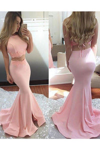 Long Satin Two Piece Sleeveless Sexy Mermaid Pink Halter Open Back Evening Dresses RS769