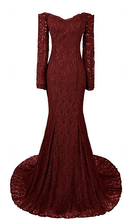 Load image into Gallery viewer, Long Mermaid Sweetheart Long Sleeve Burgundy Evening Dresses Lace Prom Dresses RS740