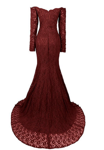 Long Mermaid Sweetheart Long Sleeve Burgundy Evening Dresses Lace Prom Dresses RS740
